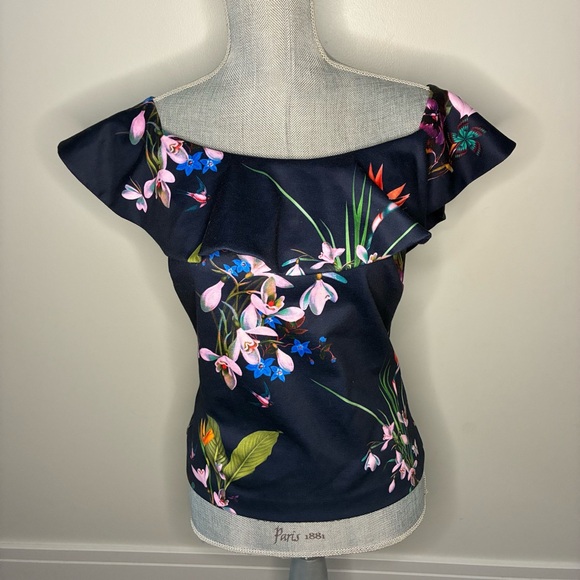 Ted Baker Tops - Ted Baker Navy Floral Off-Shoulder Blouse, size 3 like US size 6-8